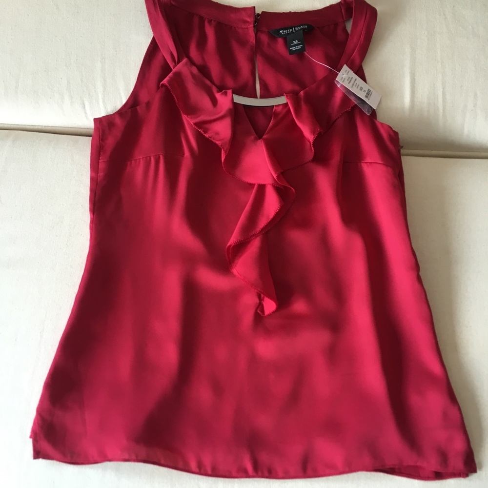 NWT WHBM silky red top with ruffle front XS